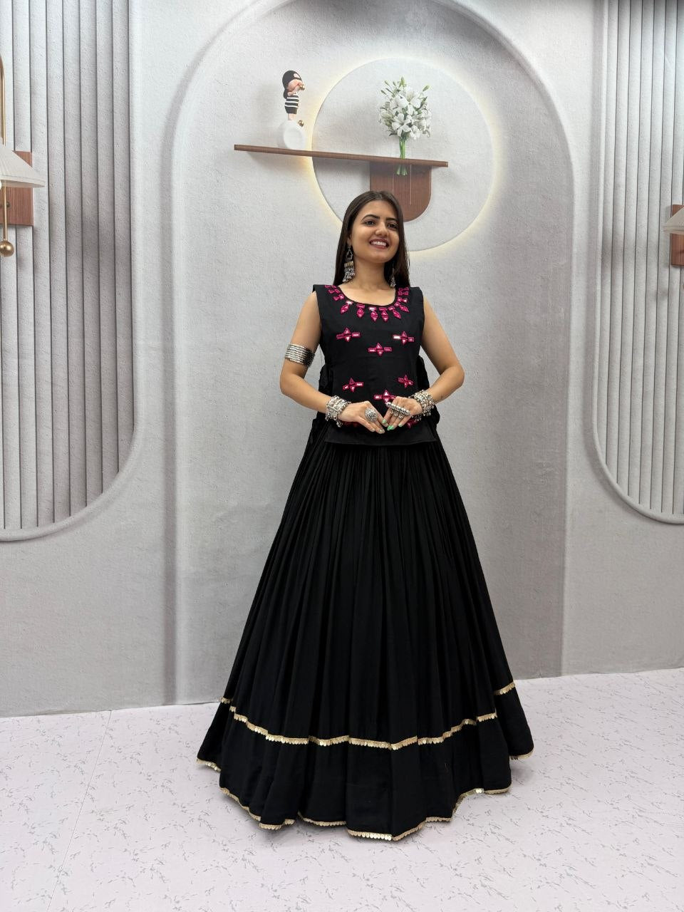 Rayon Cotton Mirror Lehenga Jacket Set | Tulip Designer
