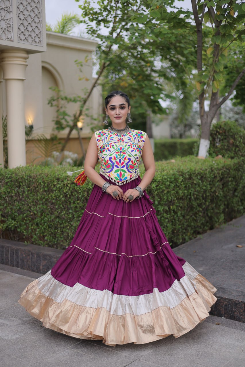 Royal Rayon Kutchi Embroidered Navratri Frill Lehenga Choli
