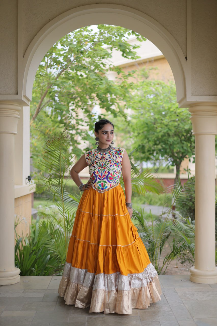 Royal Rayon Kutchi Embroidered Navratri Frill Lehenga Choli
