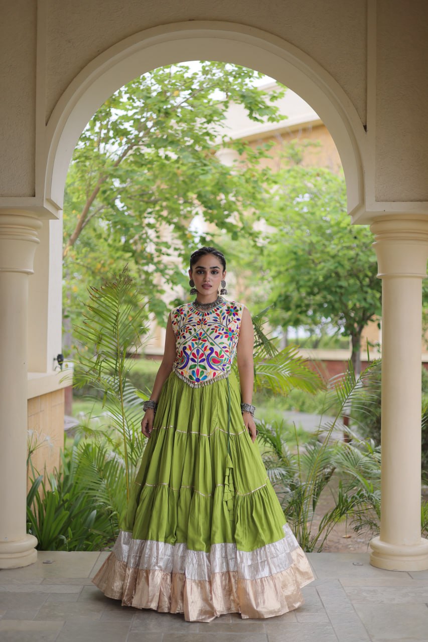 Royal Rayon Kutchi Embroidered Navratri Frill Lehenga Choli
