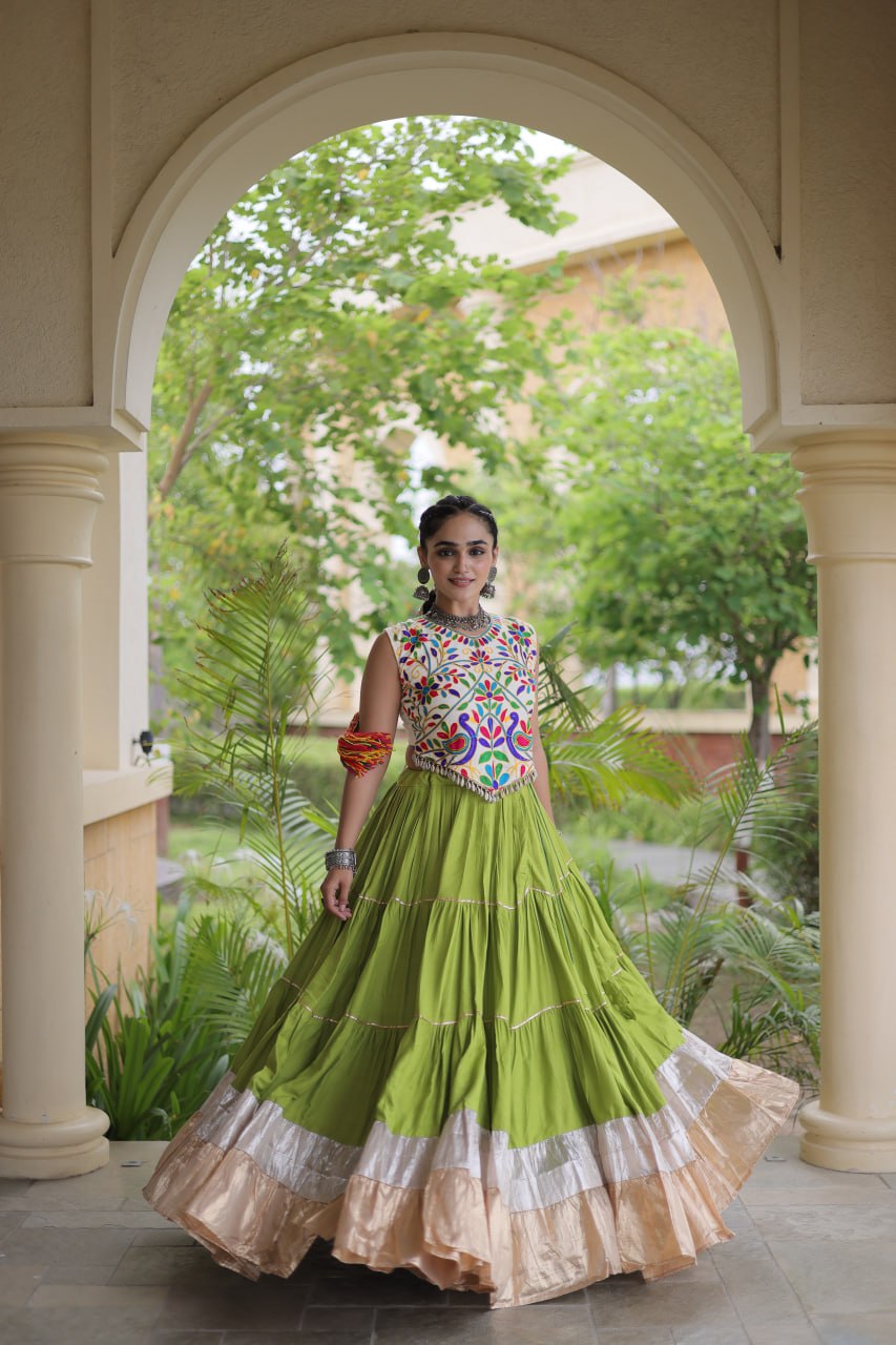 Royal Rayon Kutchi Embroidered Navratri Frill Lehenga Choli
