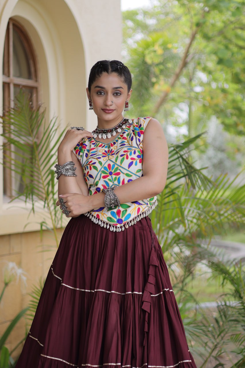 Royal Rayon Kutchi Embroidered Navratri Frill Lehenga Choli
