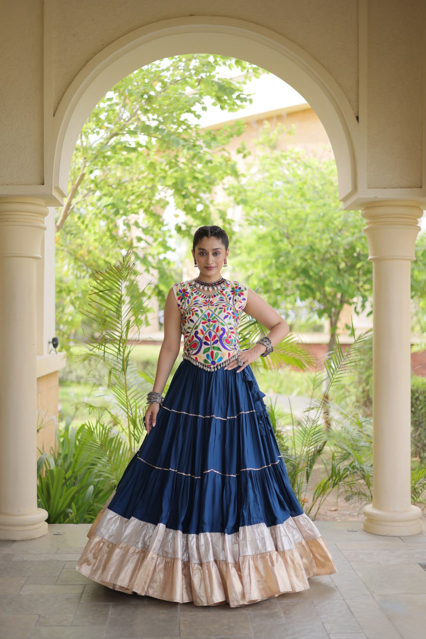 Royal Rayon Kutchi Embroidered Navratri Frill Lehenga Choli

