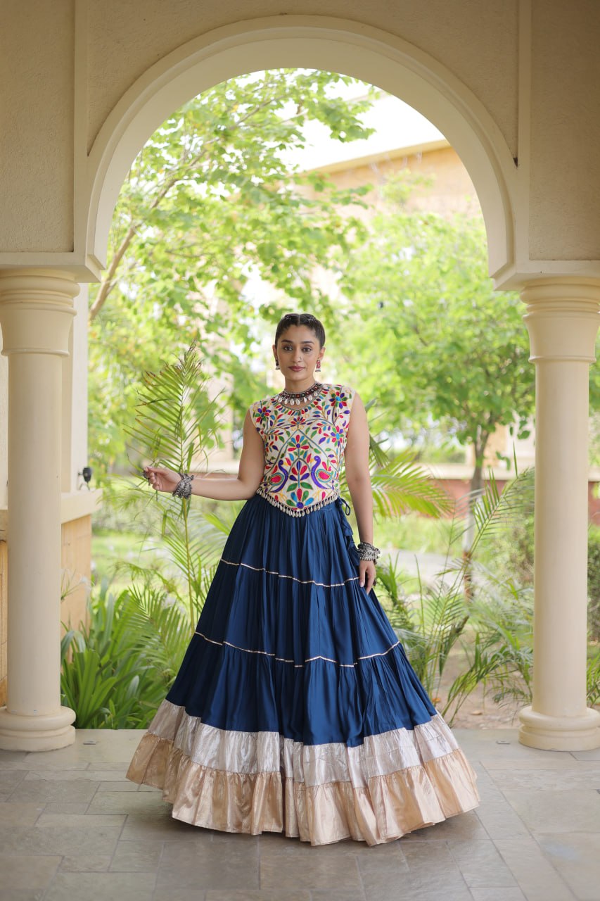 Royal Rayon Kutchi Embroidered Navratri Frill Lehenga Choli
