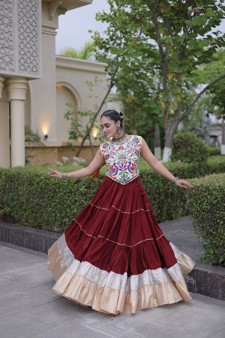 Royal Rayon Kutchi Embroidered Navratri Frill Lehenga Choli
