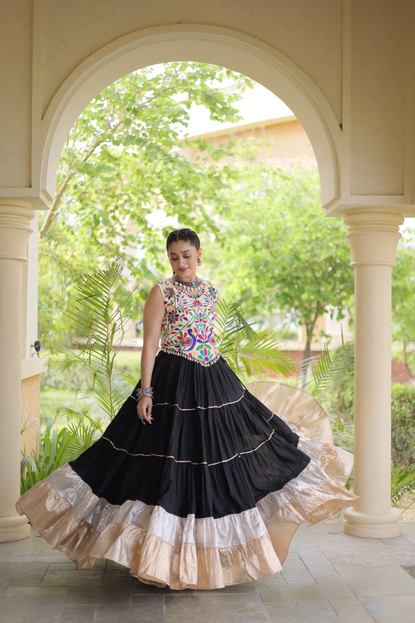 Royal Rayon Kutchi Embroidered Navratri Frill Lehenga Choli

