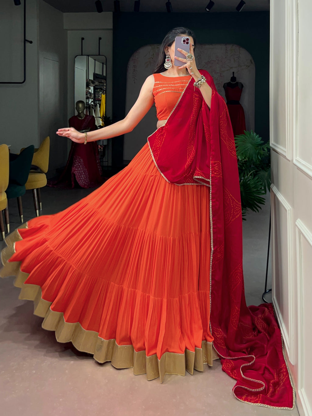 Orange Rayon Heavy Flair Lehenga Set | Tulip Designer

