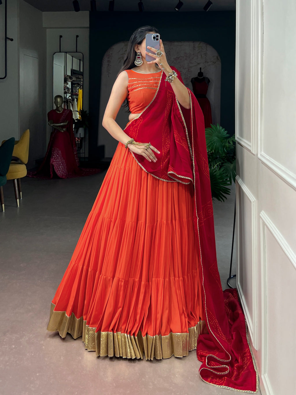 Orange Rayon Heavy Flair Lehenga Set | Tulip Designer
