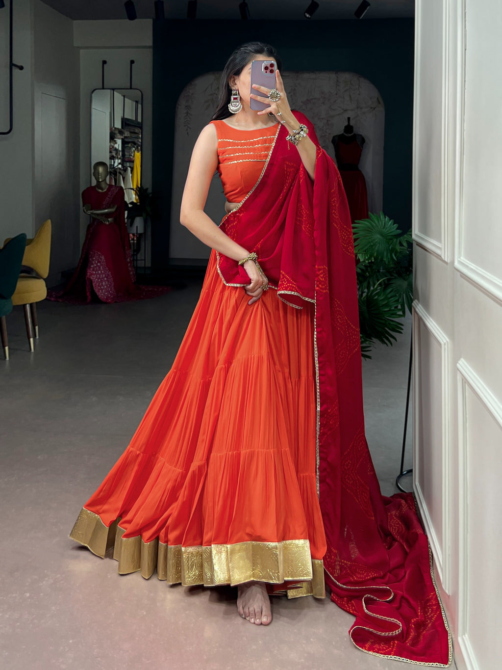Orange Rayon Heavy Flair Lehenga Set | Tulip Designer
