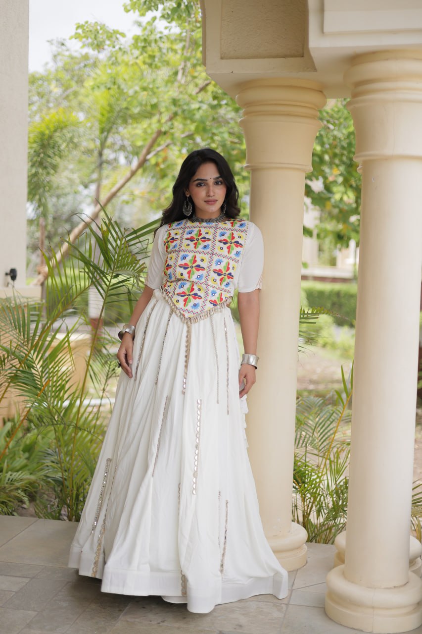 Designer Rayon Multi Mirror Embroidery Lehenga Set | Tulip Designer
