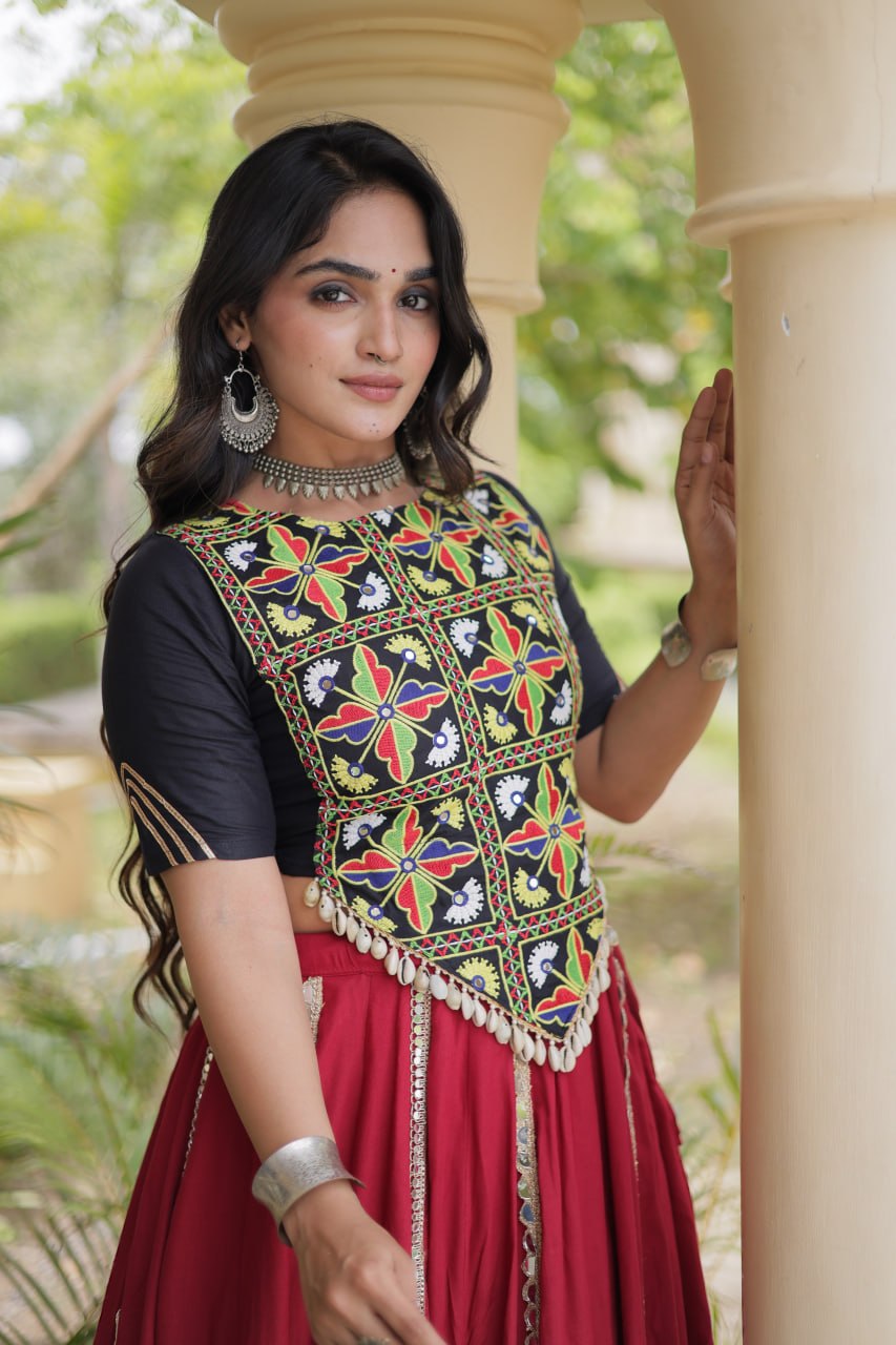 Designer Rayon Multi Mirror Embroidery Lehenga Set | Tulip Designer

