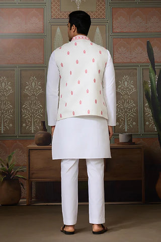 Wedding Pink Koti with White Kurta Pajama Set