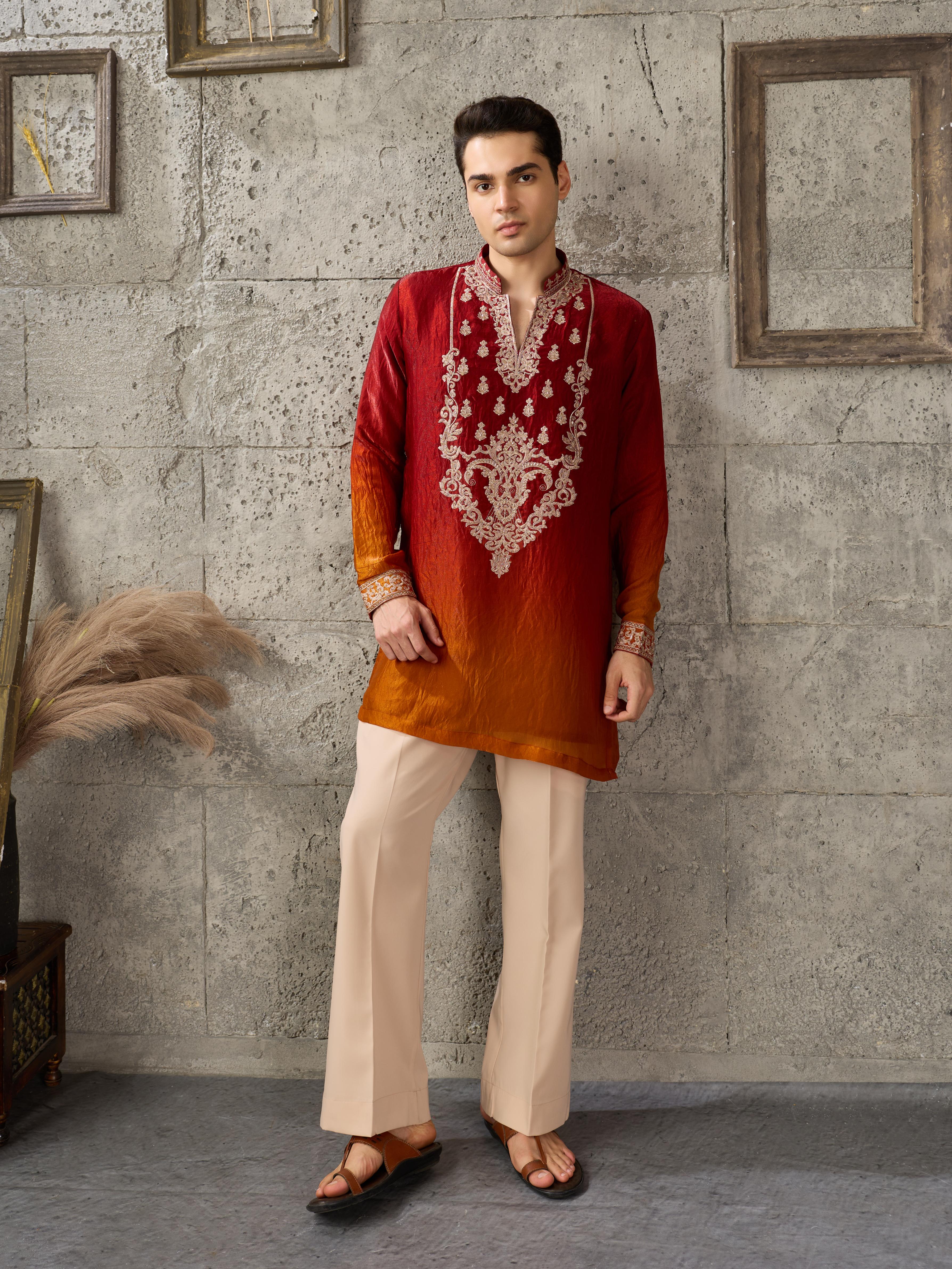 Trendy Red Orange Crush Tissue Embroidered Kurta with Bell Bottom
