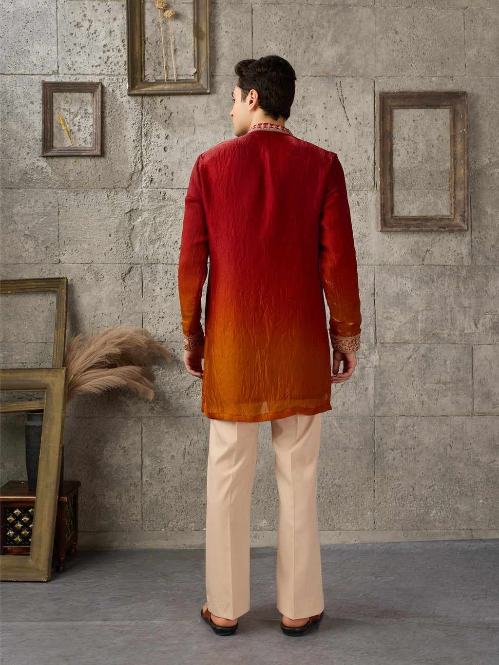 Trendy Red Orange Crush Tissue Embroidered Kurta with Bell Bottom
