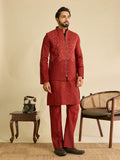 Modern Red Art Silk Mirror Multi Thread Embroidered Work Koti Kurta Set

