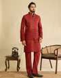 Modern Red Art Silk Mirror Multi Thread Embroidered Work Koti Kurta Set