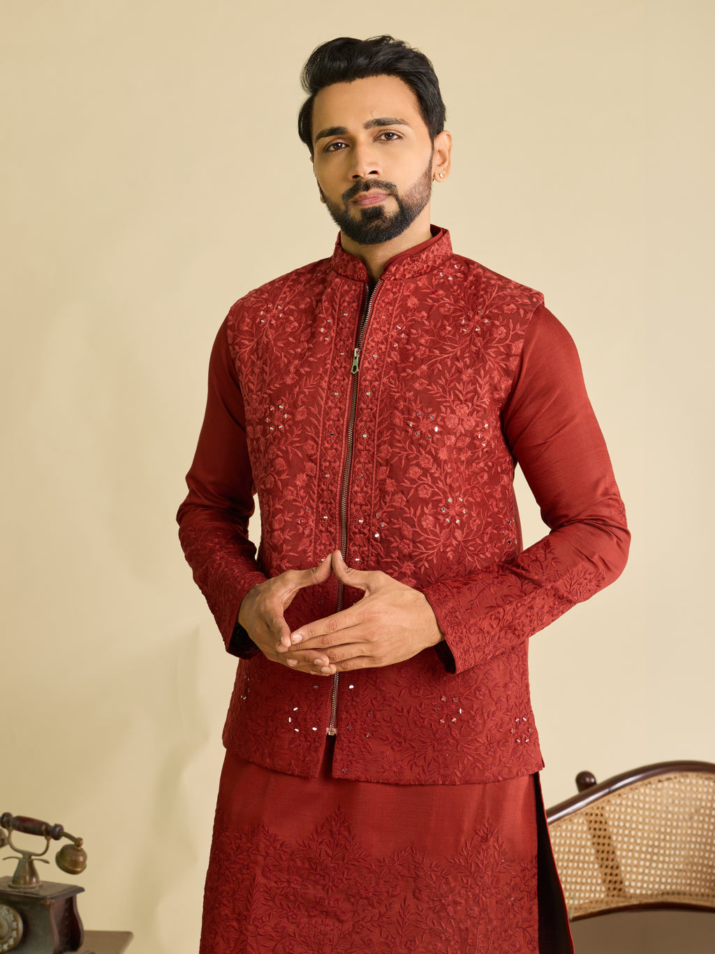 Modern Red Art Silk Mirror Multi Thread Embroidered Work Koti Kurta Set
