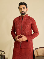 Modern Red Art Silk Mirror Multi Thread Embroidered Work Koti Kurta Set
