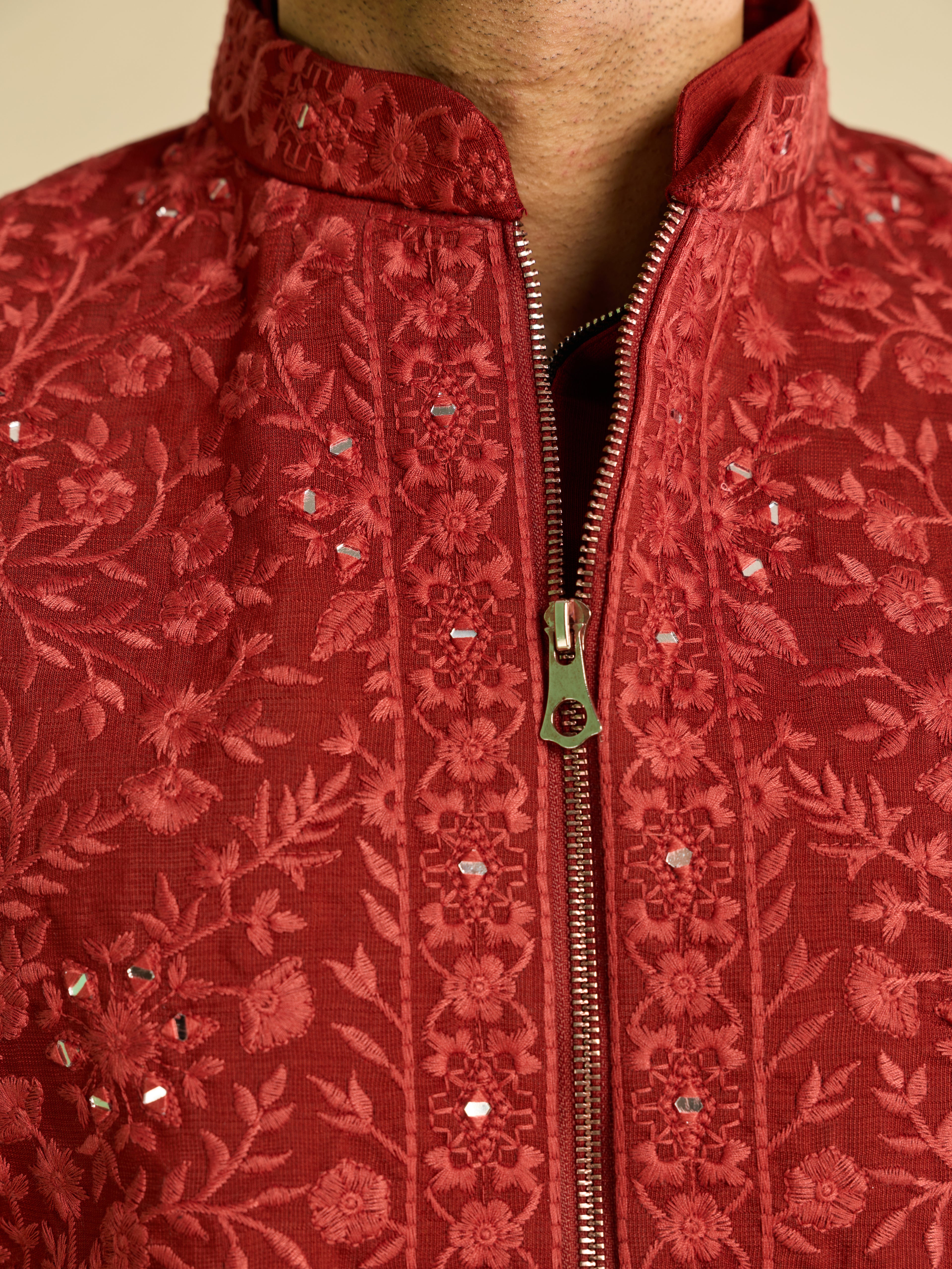 Modern Red Art Silk Mirror Multi Thread Embroidered Work Koti Kurta Set
