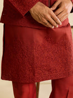 Modern Red Art Silk Mirror Multi Thread Embroidered Work Koti Kurta Set
