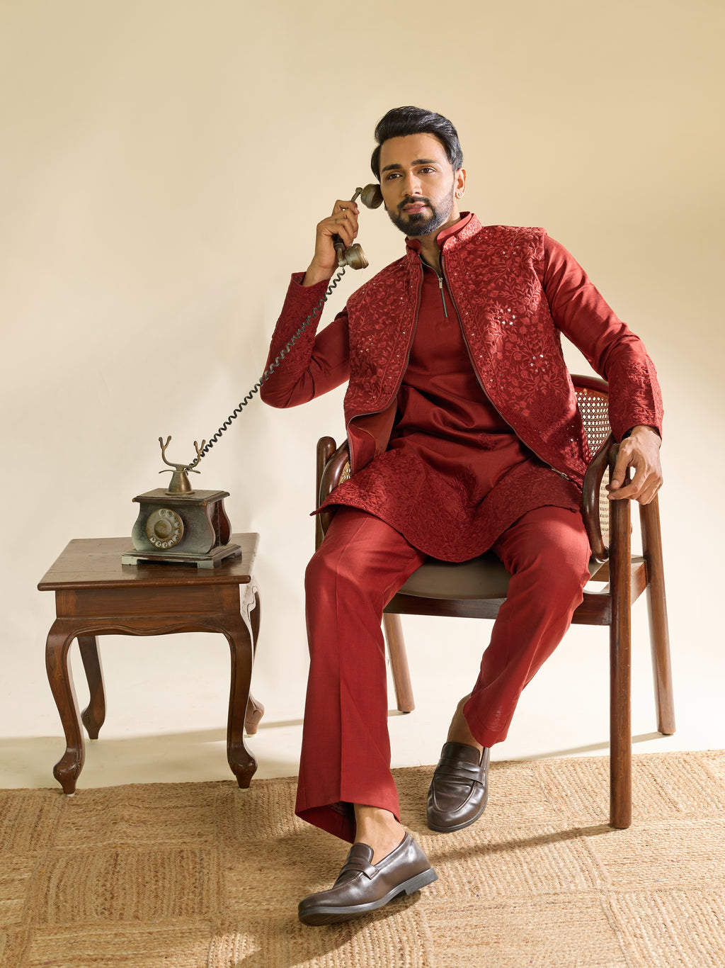 Modern Red Art Silk Mirror Multi Thread Embroidered Work Koti Kurta Set
