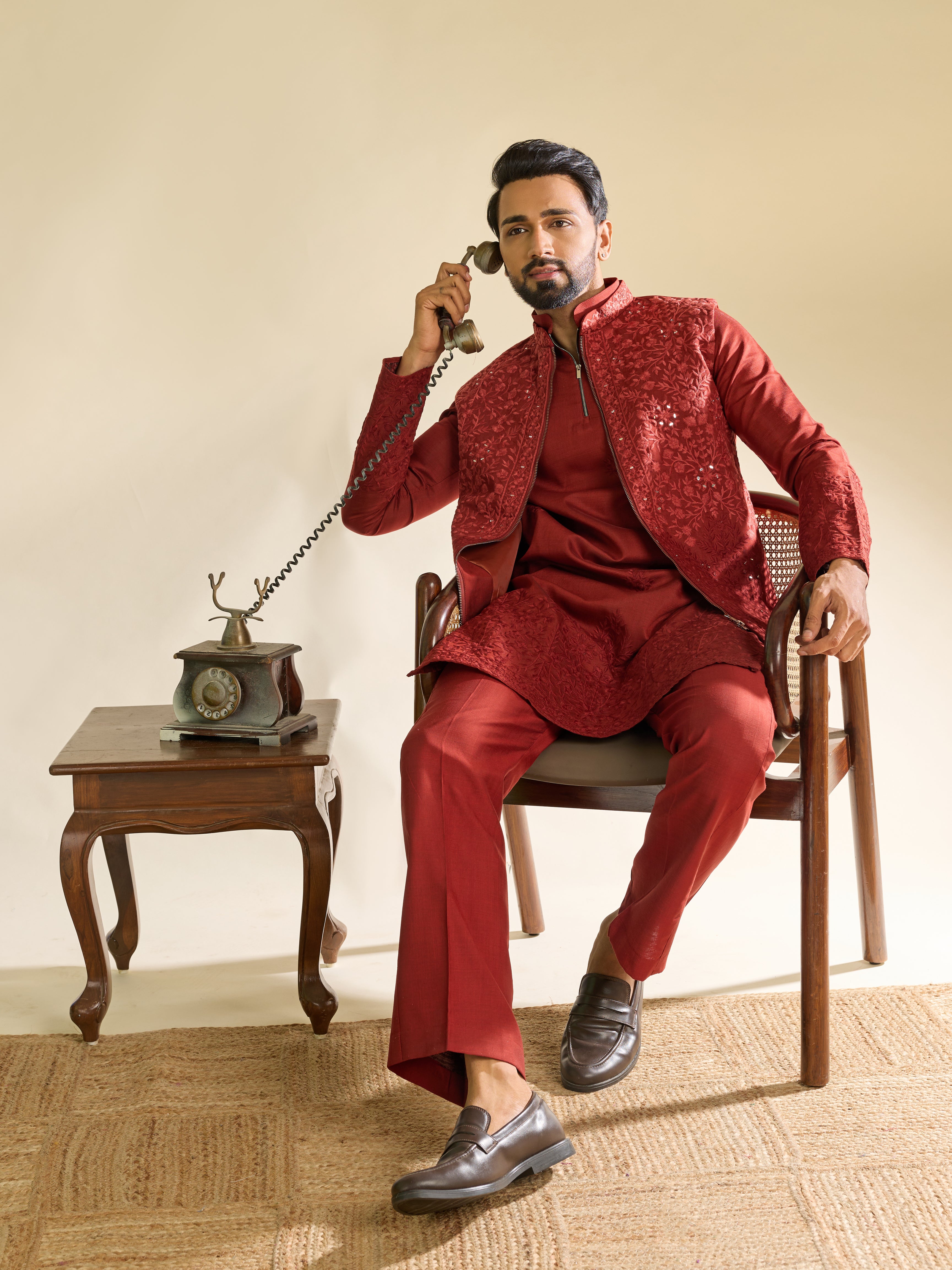 Modern Red Art Silk Mirror Multi Thread Embroidered Work Koti Kurta Set
