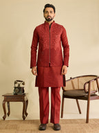 Modern Red Art Silk Mirror Multi Thread Embroidered Work Koti Kurta Set
