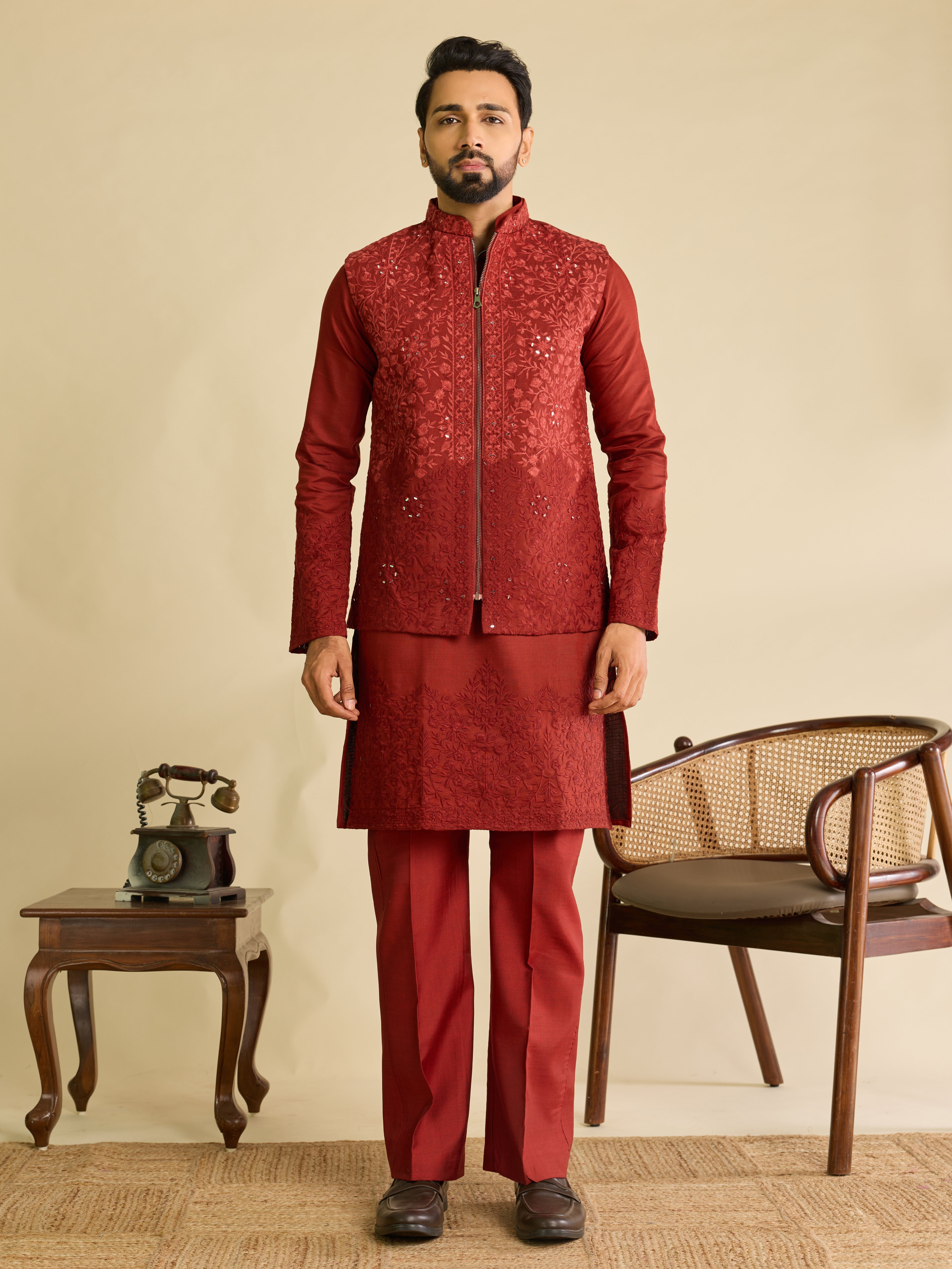 Modern Red Art Silk Mirror Multi Thread Embroidered Work Koti Kurta Set
