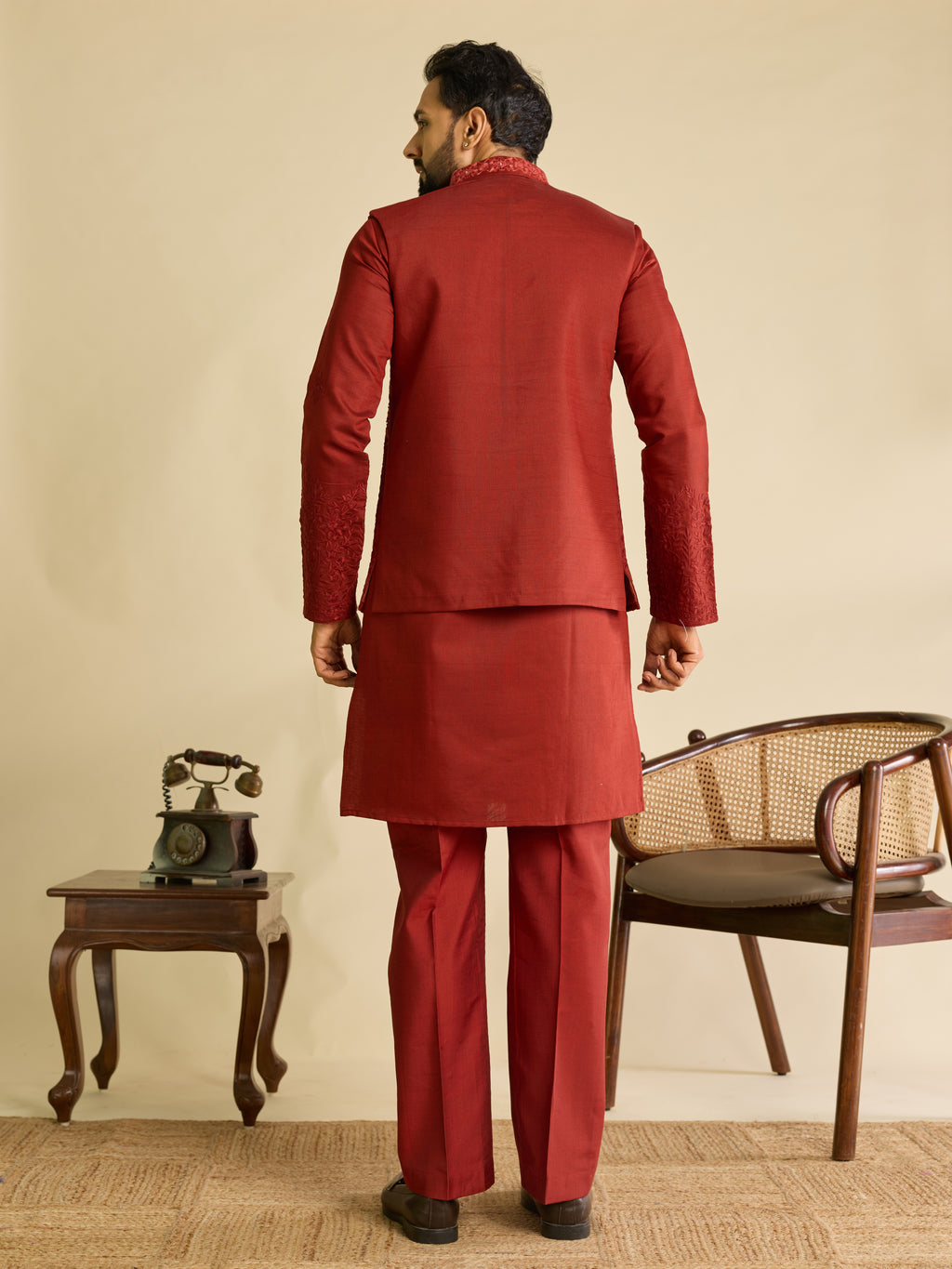Modern Red Art Silk Mirror Multi Thread Embroidered Work Koti Kurta Set
