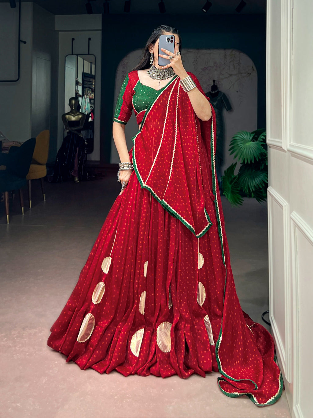 Navratri Red Bandhej Print Lehenga Set | Tulip Designer
