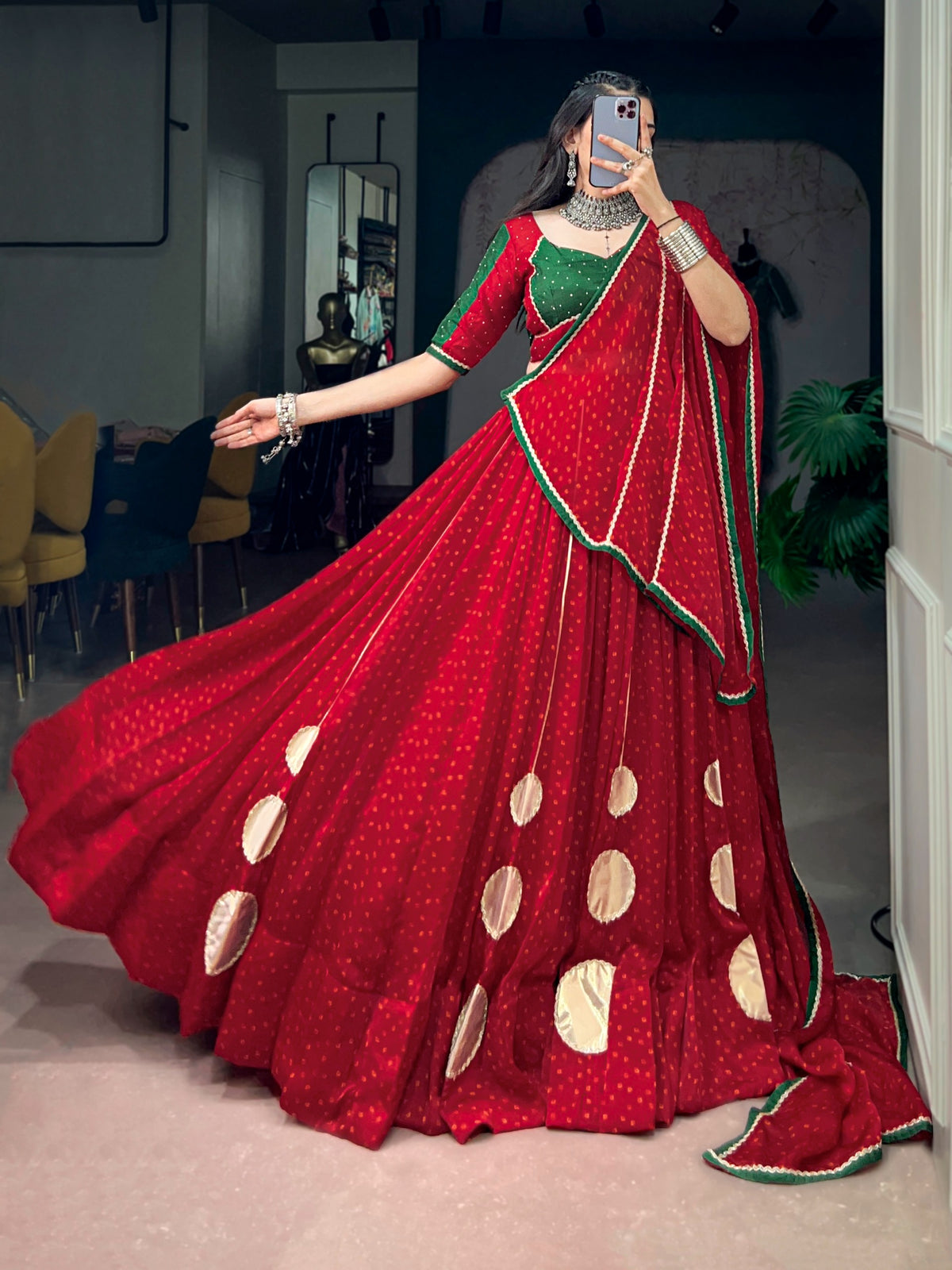 Navratri Red Bandhej Print Lehenga Set | Tulip Designer

