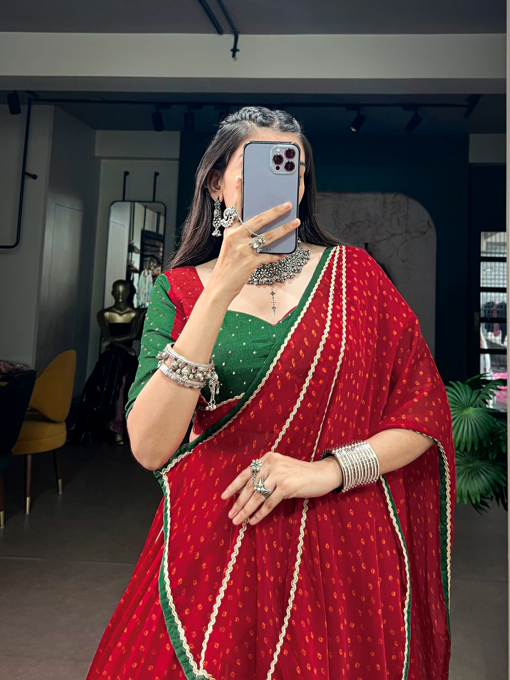 Navratri Red Bandhej Print Lehenga Set | Tulip Designer

