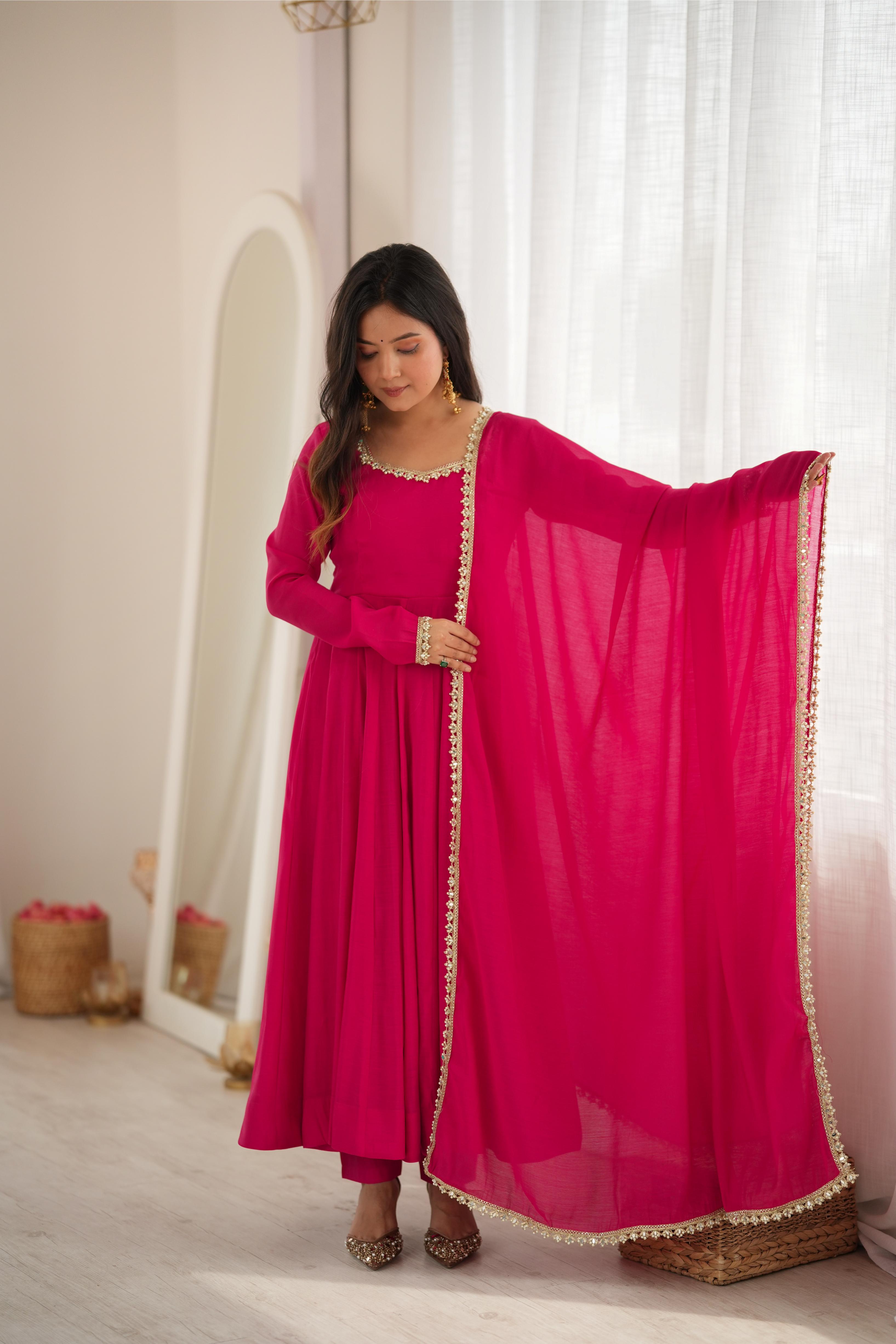 Red Mal Chanderi Mirror Work Anarkali Set | Tulip Designer
