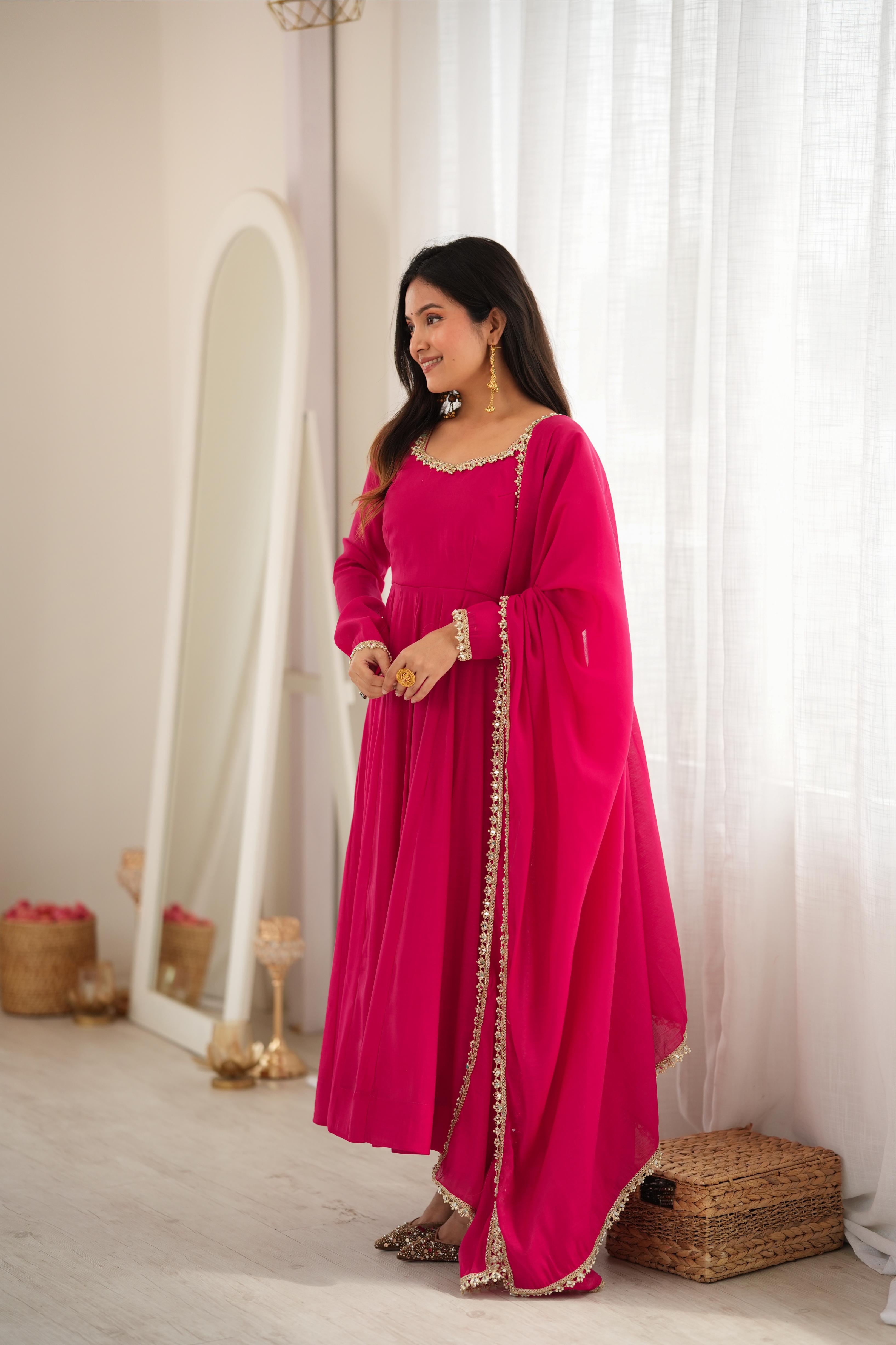 Red Mal Chanderi Mirror Work Anarkali Set | Tulip Designer
