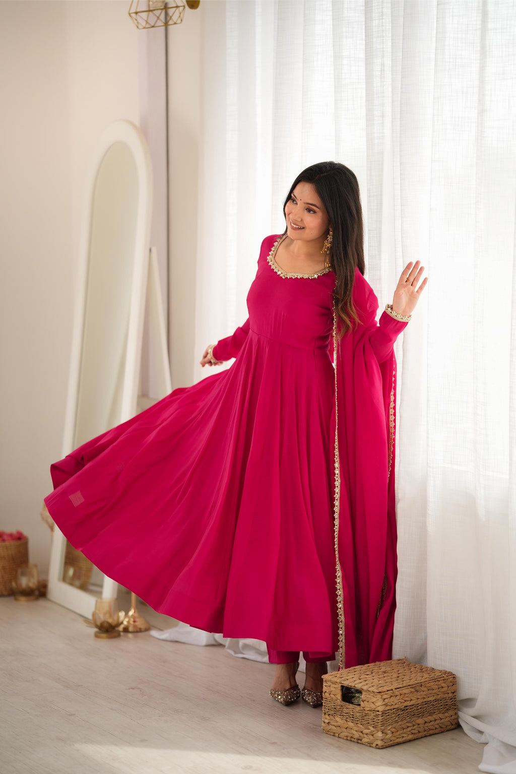 Red Mal Chanderi Mirror Work Anarkali Set | Tulip Designer
