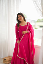 Red Mal Chanderi Mirror Work Anarkali Set | Tulip Designer
