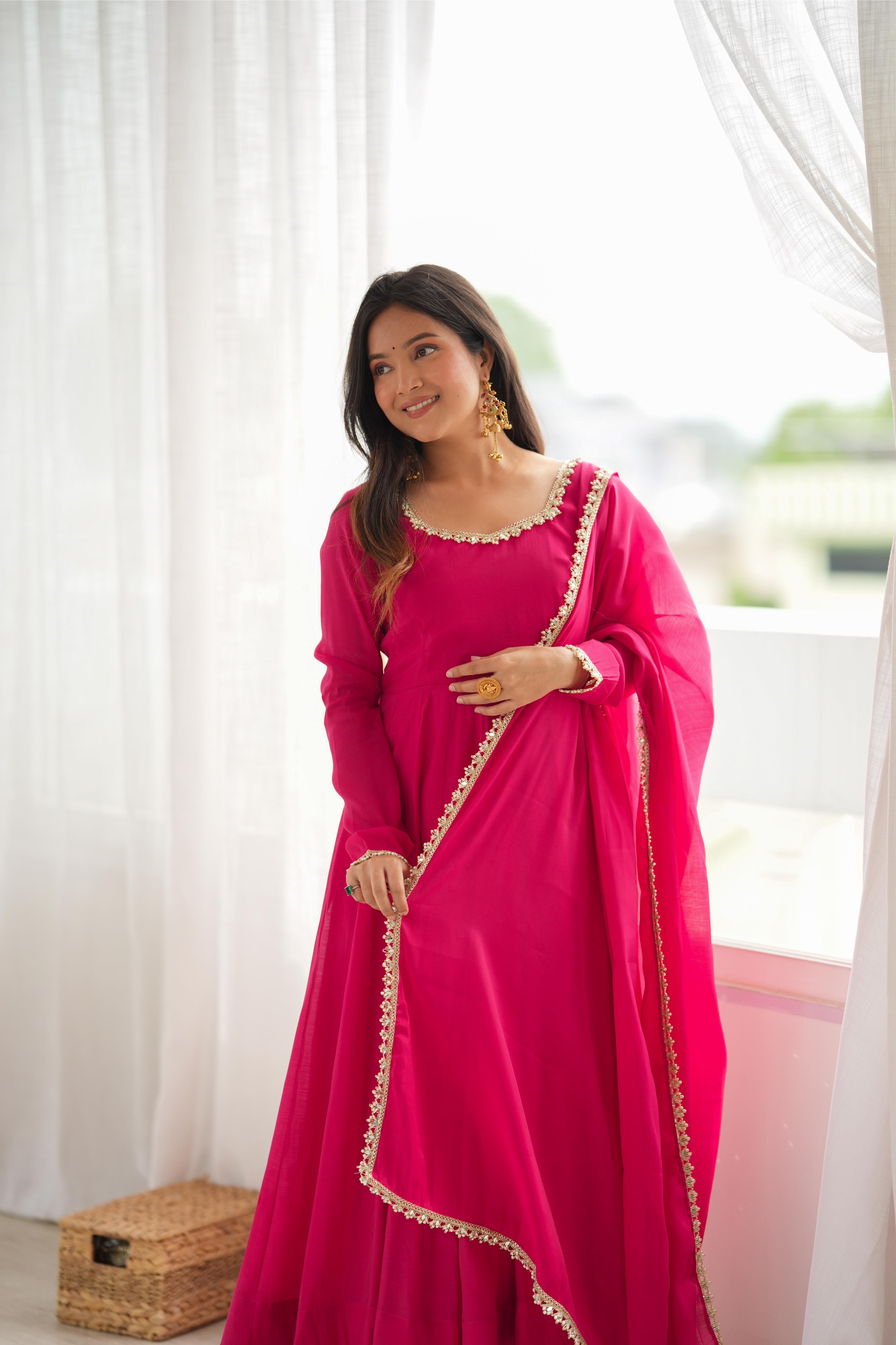 Red Mal Chanderi Mirror Work Anarkali Set | Tulip Designer
