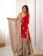 Royal Red Chinon Silk Designer Top Sharara Set with Pearl Work Dupatta