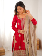 Royal Red Chinon Silk Designer Top Sharara Set with Pearl Work Dupatta
