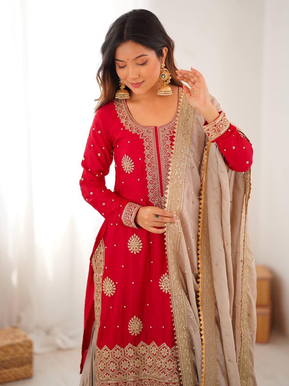 Royal Red Chinon Silk Designer Top Sharara Set with Pearl Work Dupatta

