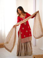 Royal Red Chinon Silk Designer Top Sharara Set with Pearl Work Dupatta
