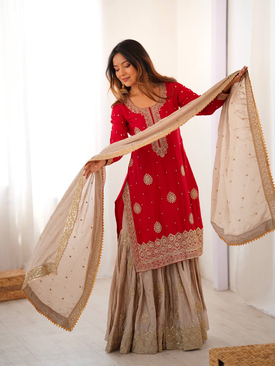 Royal Red Chinon Silk Designer Top Sharara Set with Pearl Work Dupatta
