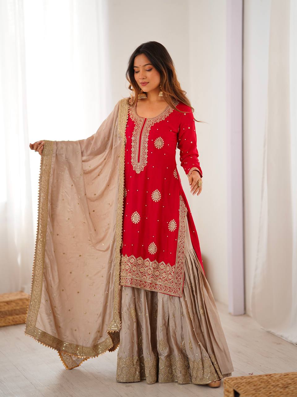 Royal Red Chinon Silk Designer Top Sharara Set with Pearl Work Dupatta
