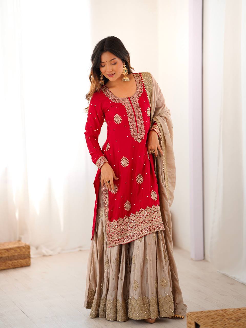 Royal Red Chinon Silk Designer Top Sharara Set with Pearl Work Dupatta
