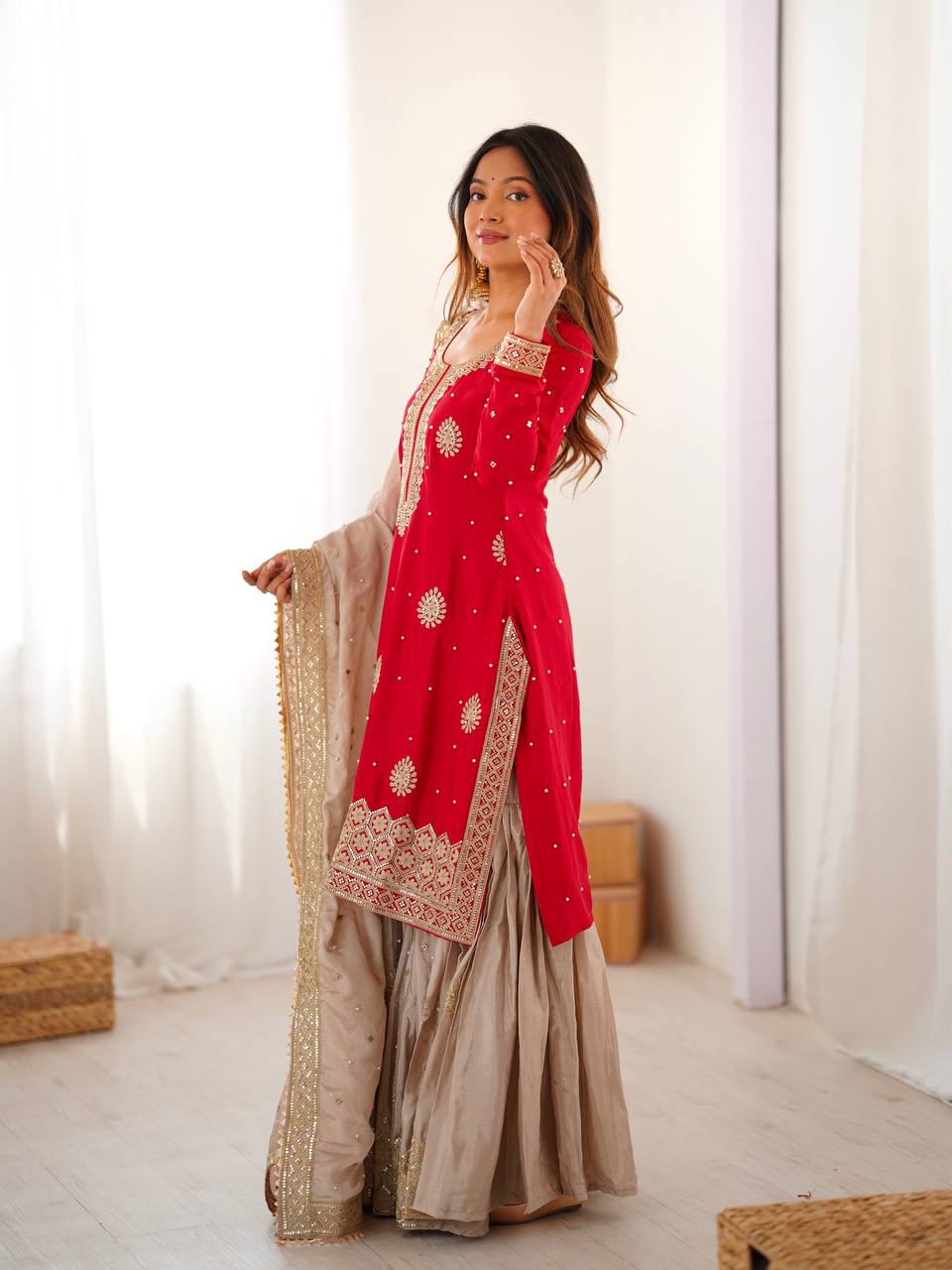 Royal Red Chinon Silk Designer Top Sharara Set with Pearl Work Dupatta
