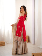 Royal Red Chinon Silk Designer Top Sharara Set with Pearl Work Dupatta
