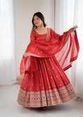Pure Red Crunchy Silk Fancy Embroidery Suit Set With Dupatta
