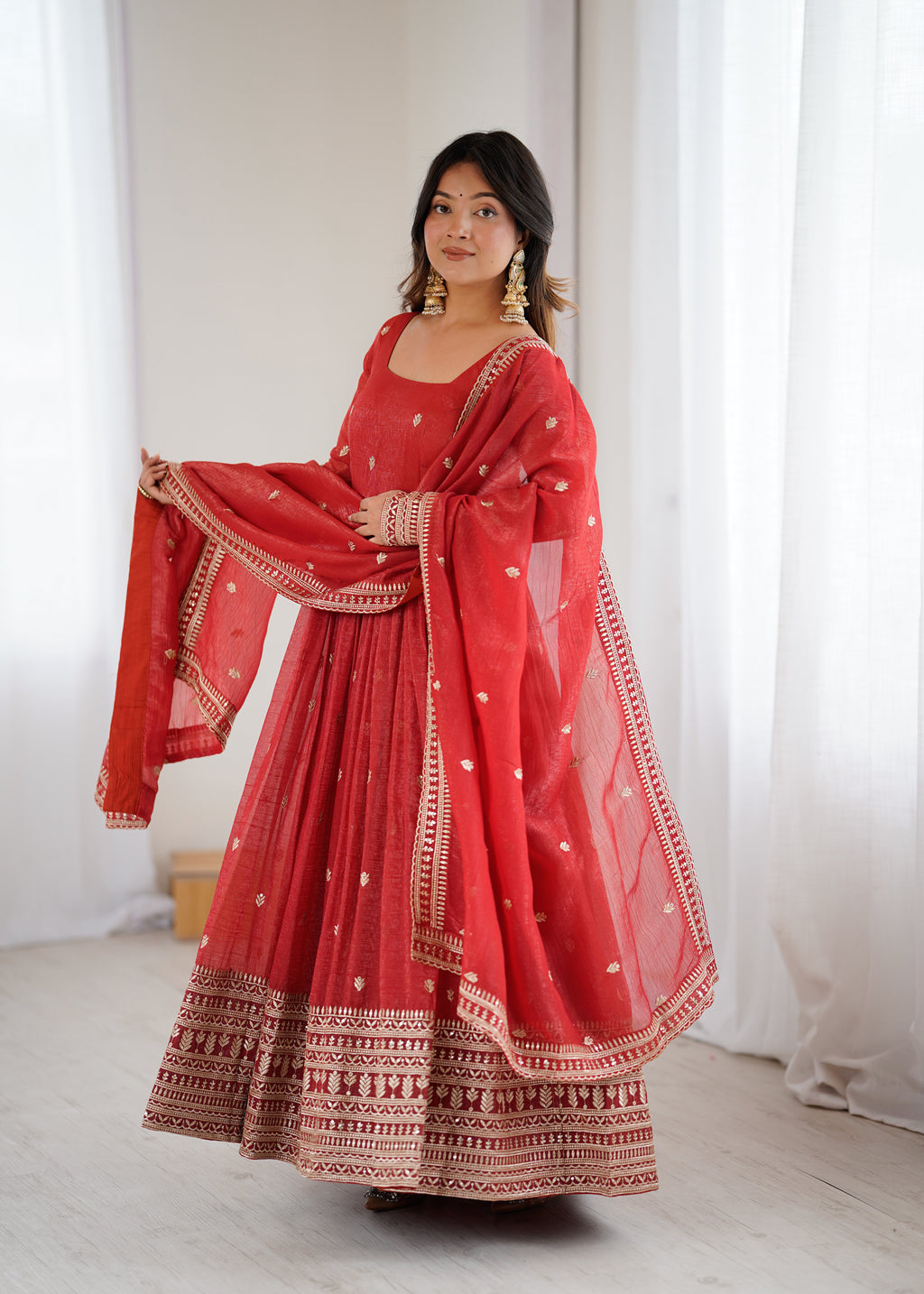 Pure Red Crunchy Silk Fancy Embroidery Suit Set With Dupatta