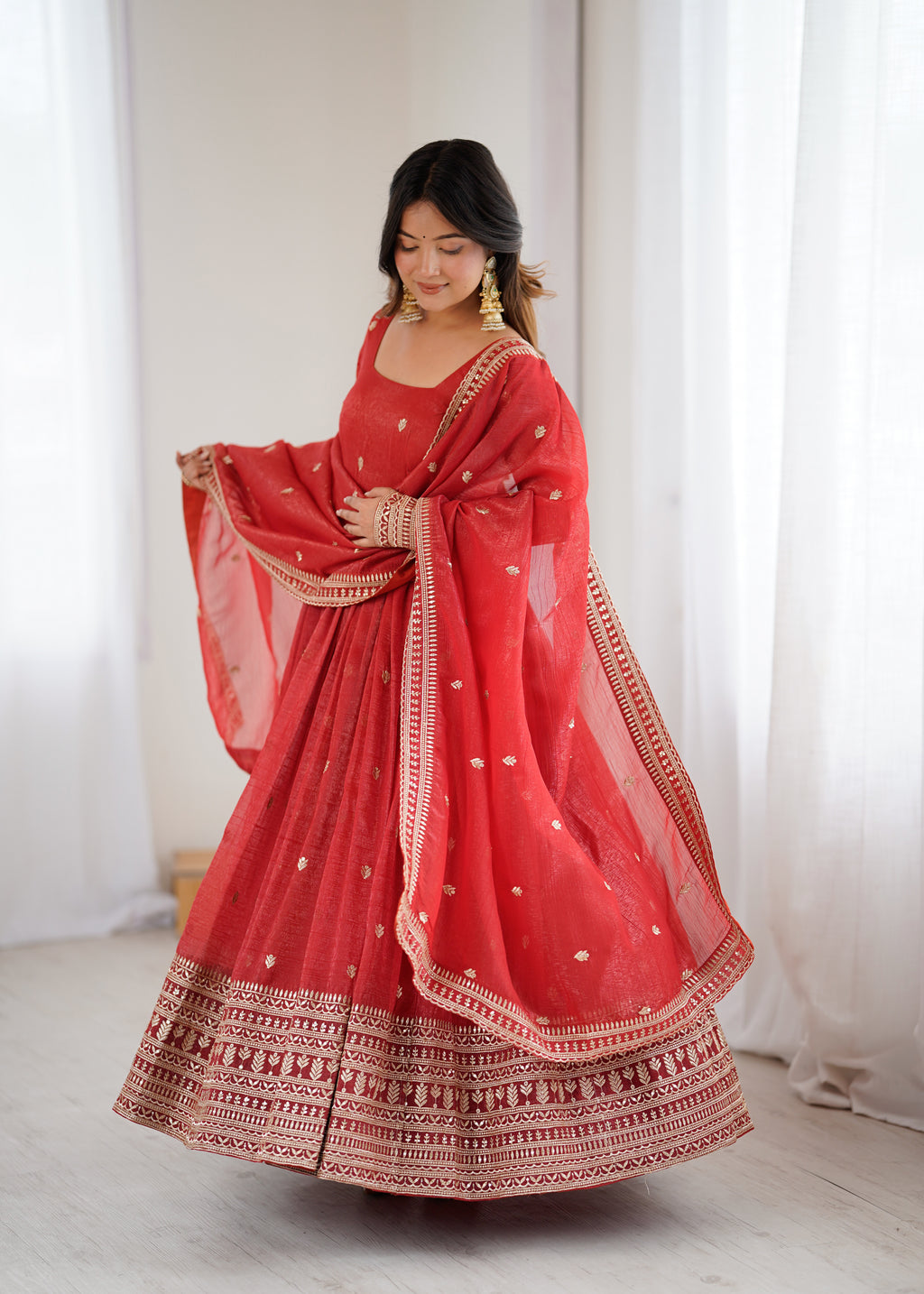 Pure Red Crunchy Silk Fancy Embroidery Suit Set With Dupatta