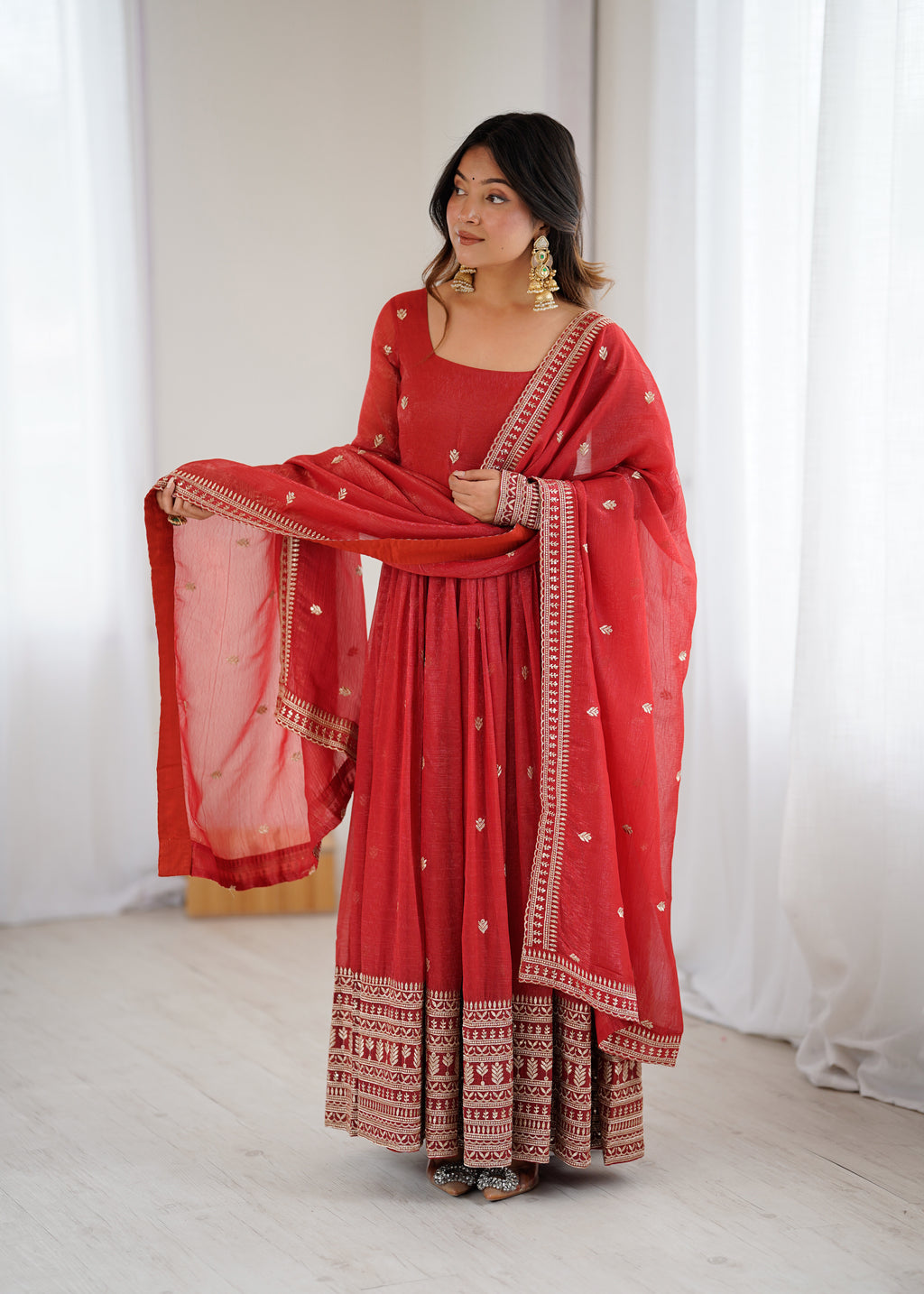 Pure Red Crunchy Silk Fancy Embroidery Suit Set With Dupatta